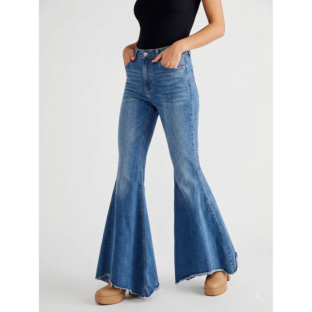 We The Free Just Float On Flared Jeans Womens 25 Blue Stretch Denim Cut Off Hem